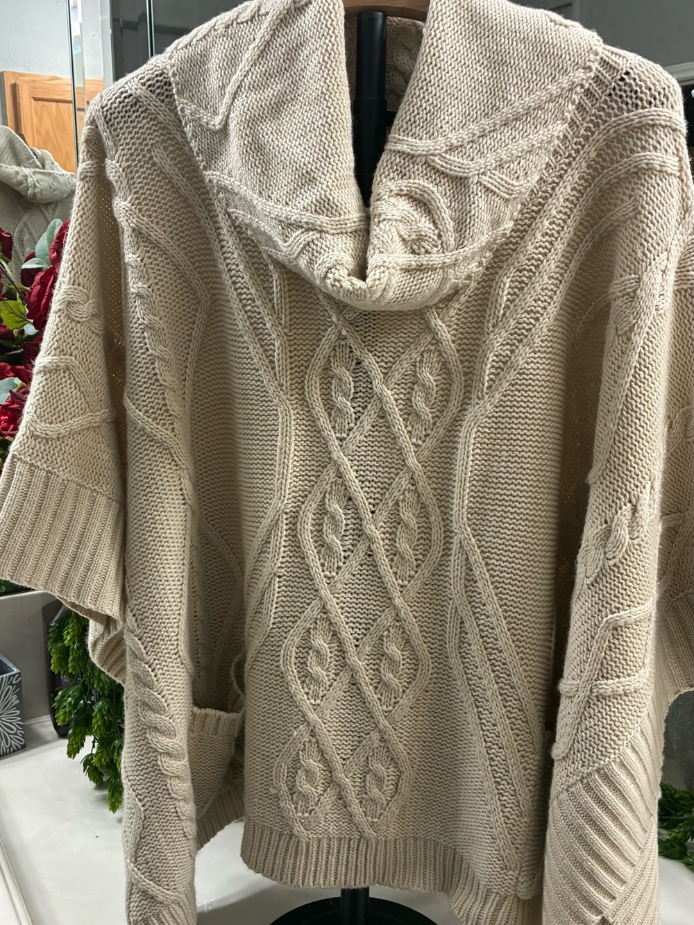Cozy Cable-Knit Shawl Collar Poncho - Cream